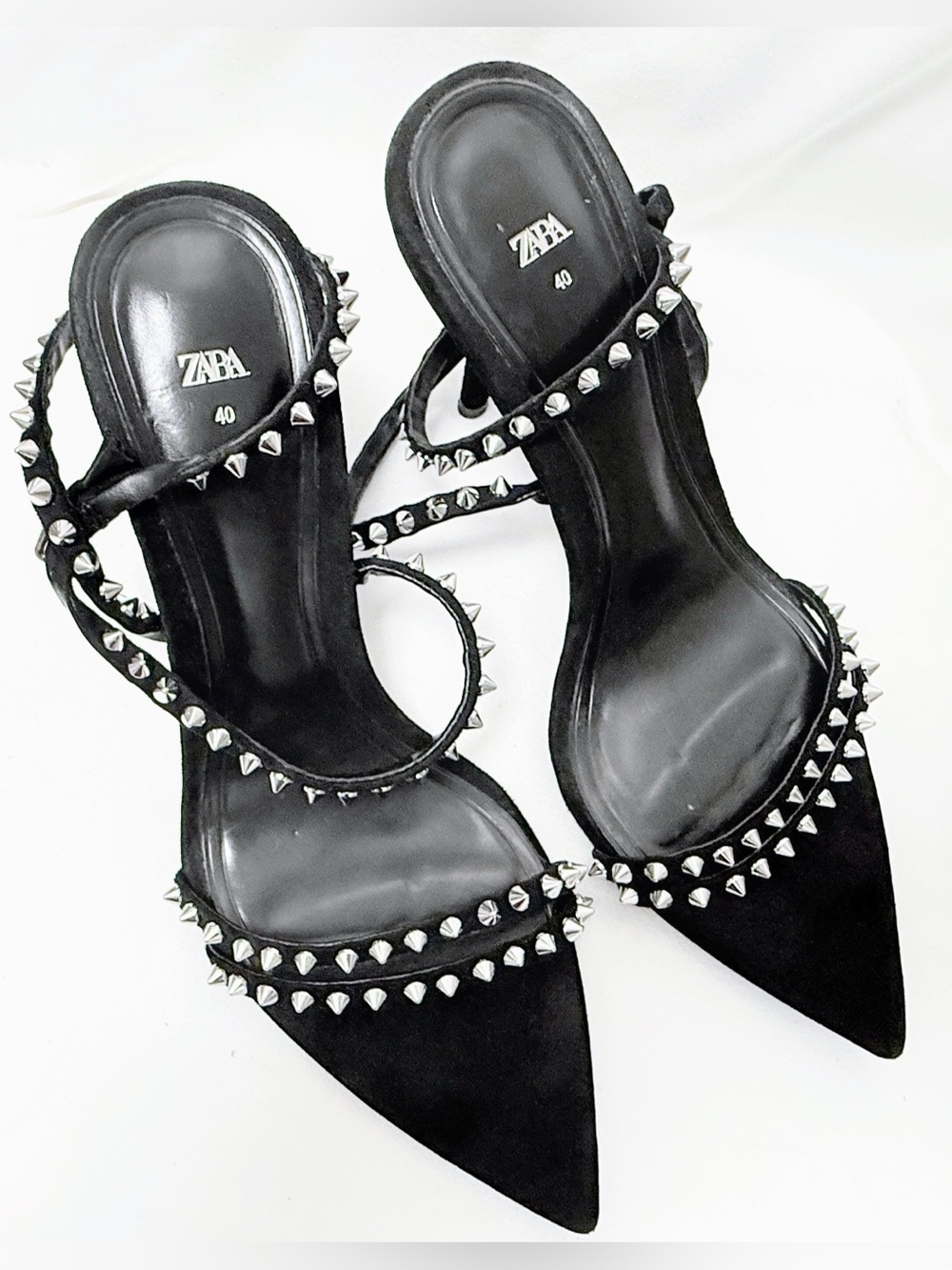 Zara Black Studded Pointed Toe Stiletto Heels Ankle Strap Size 9